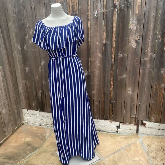 Alice and Olivia Striped Maxi Dress Grazi Off The Shoulder Blue size 6 - Picture 4 of 13